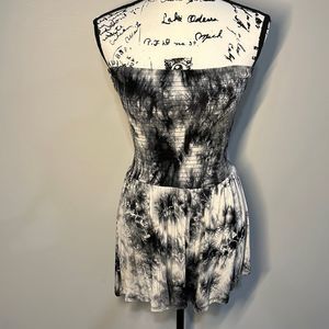 Fashion Nova Smocked Romper in Black/White Tie Dye